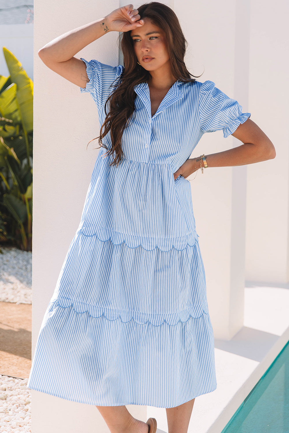 Sky Blue Stripe Bubble Short Sleeve Tiered Scallop Long Dress. GCollection