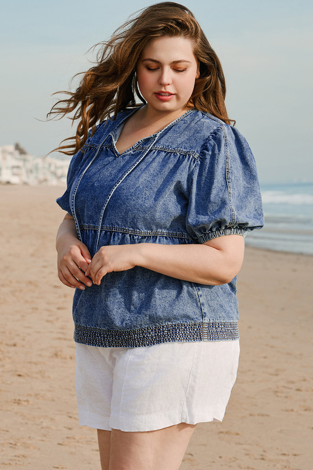Sail Blue Plus  V Neck Puff Sleeve Denim Blouse. PSCollection