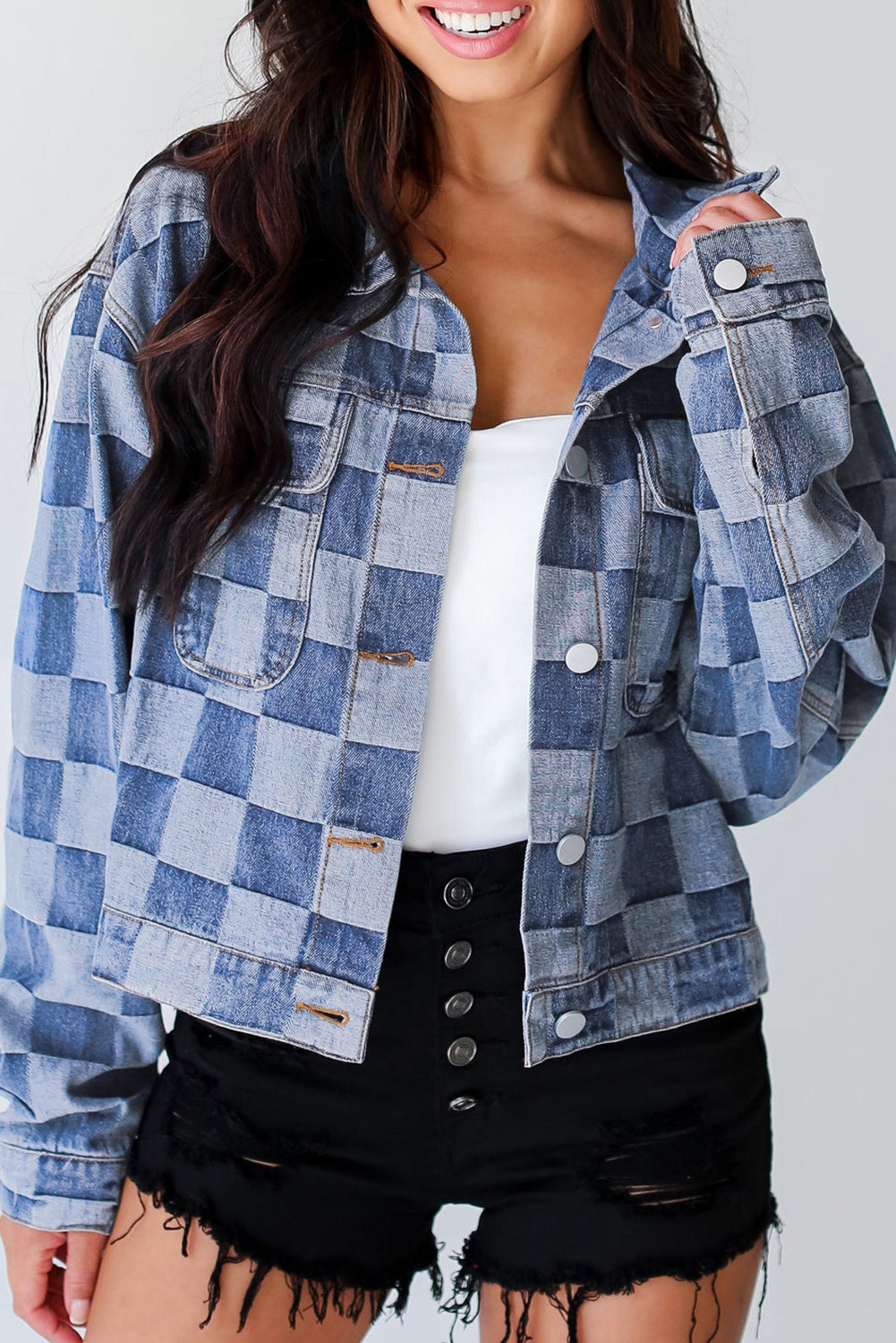 Light Blue Checkered Button up Denim Jacket. GCollection