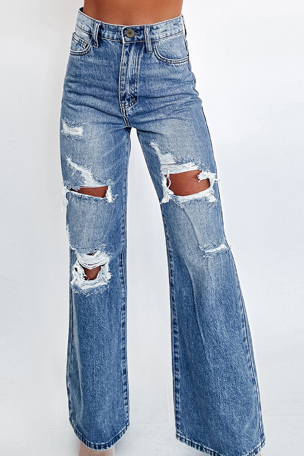 Blue Acid Wash Distressed Wide Leg High Waist Jeans. GCollection