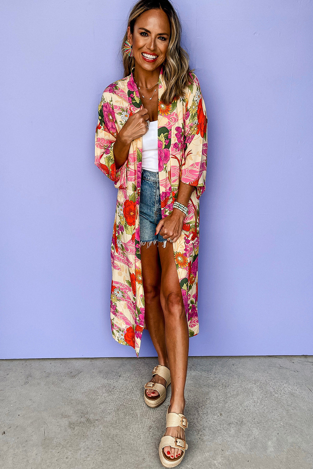 Pink Floral Allover Print Open Front Belted Duster Kimono. GCollection