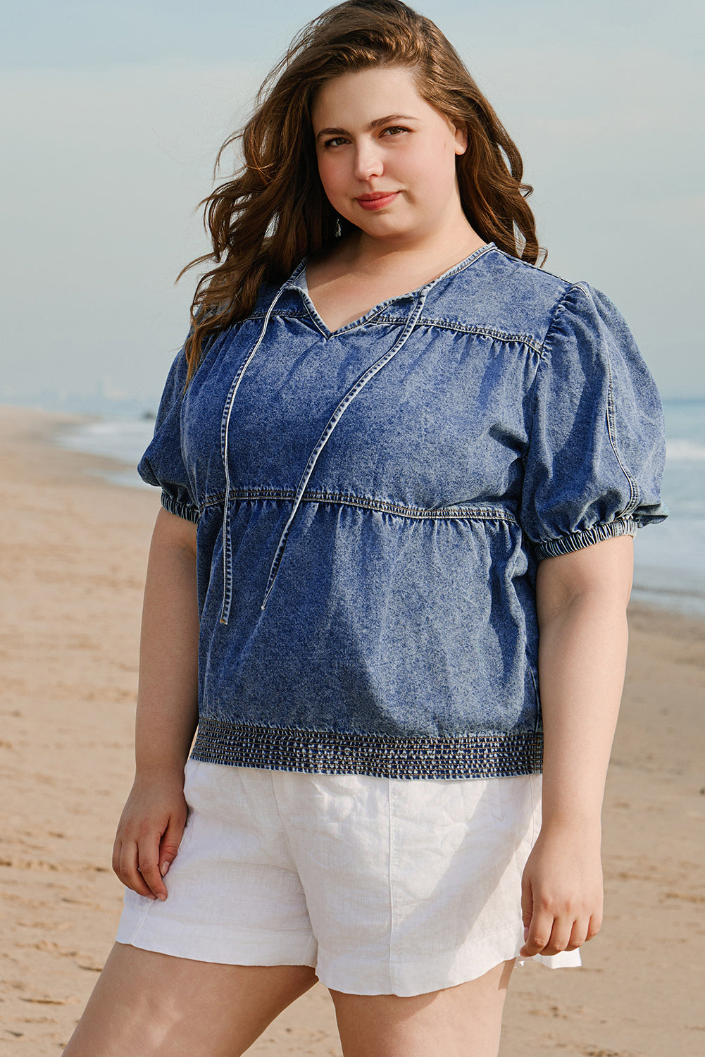 Sail Blue Plus  V Neck Puff Sleeve Denim Blouse. PSCollection