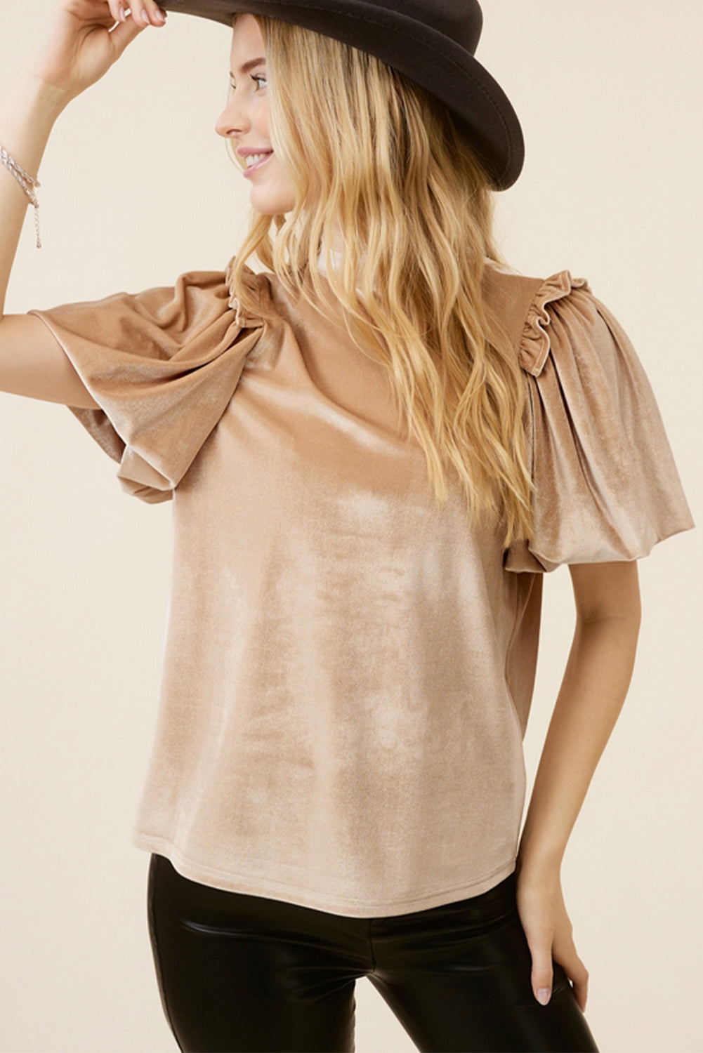 Beige Frilly Puff Sleeve Velvet Blouse. GCollection