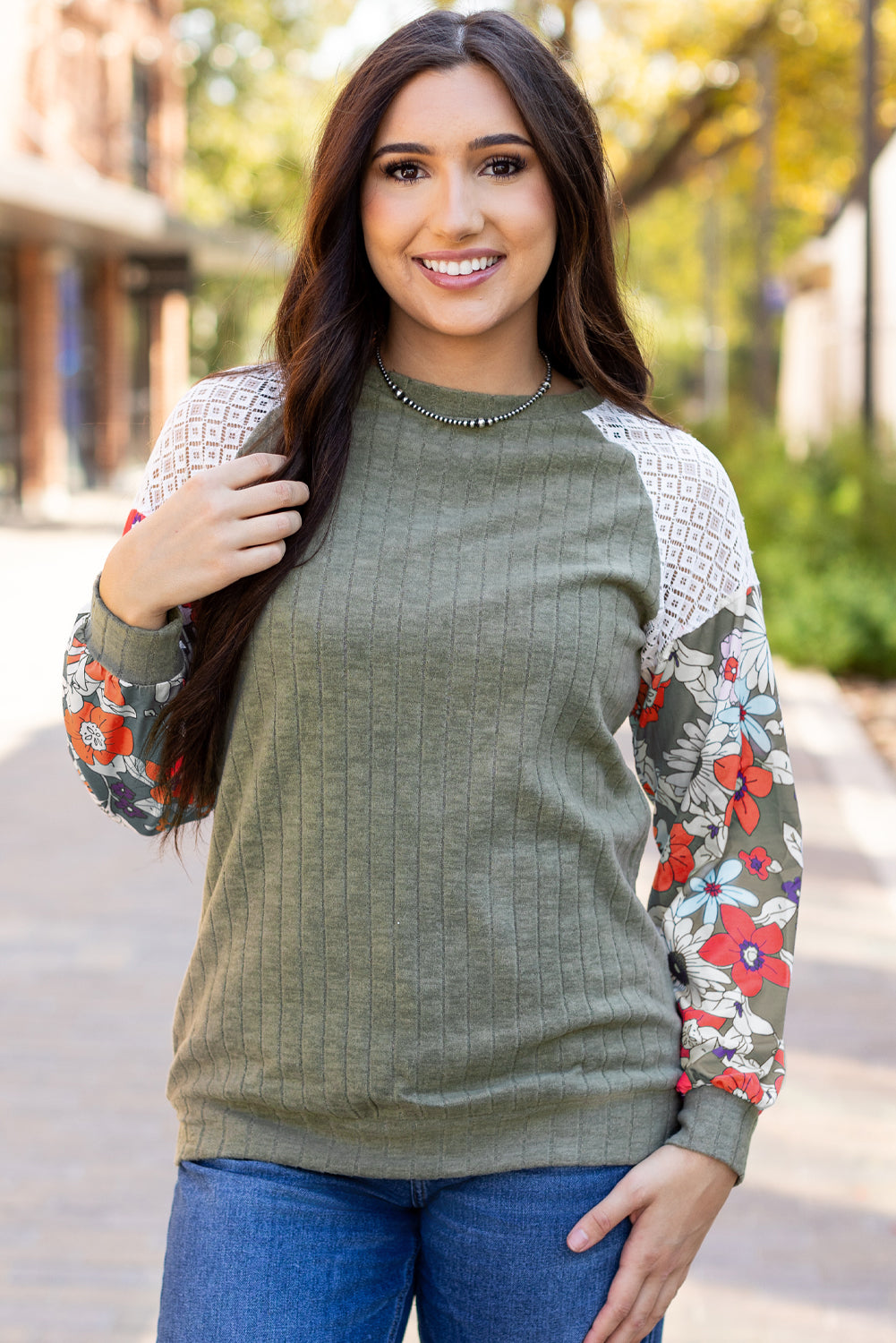 Green Floral Long Sleeve Ribbed Top. GCollection