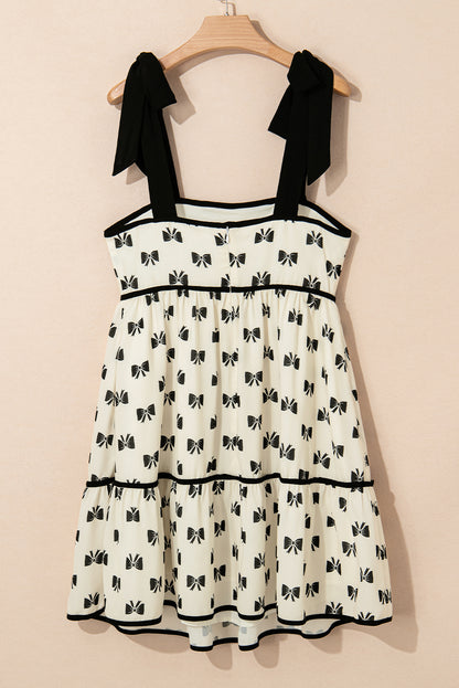 White Bow Knot Color Contrast Trim Knotted Shoulder Mini Dress. GCollection