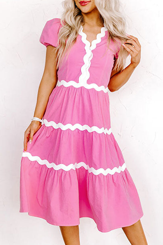 Pink Ric Rac Trim Short Puff Sleeve Flowy Midi Dress. GCollection