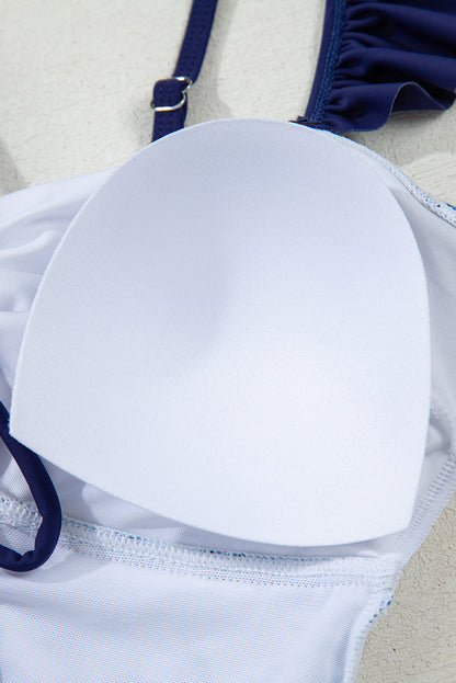 Blue Cutout Ruffled Spaghetti Strap One-Piece Swimwear. GCollection