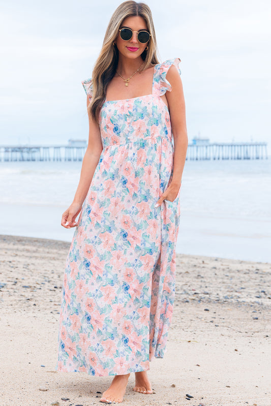 Pink Floral Print Square Long Dress. GCollection