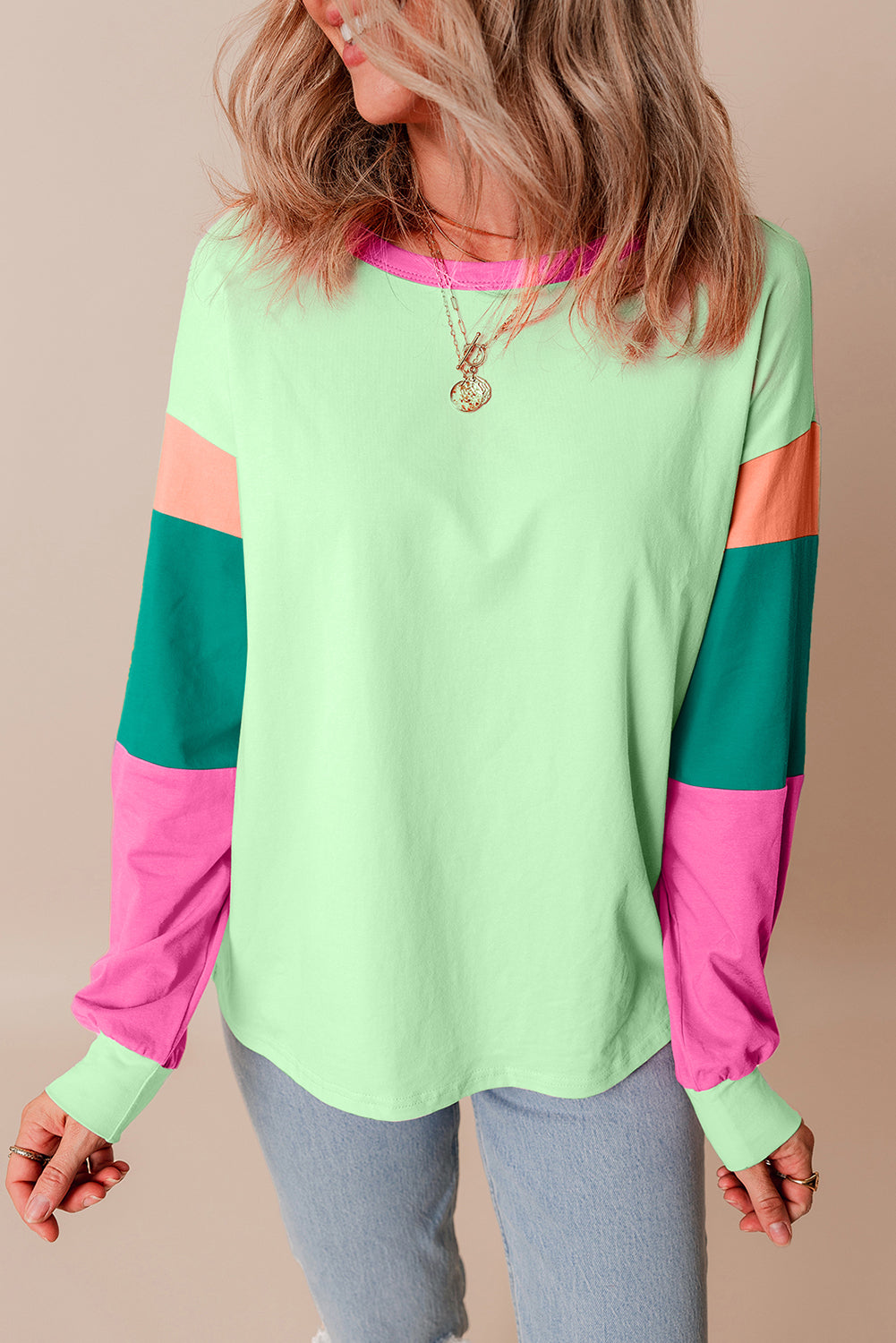 Green Colorblock Long Sleeve Loose Top. GCollection