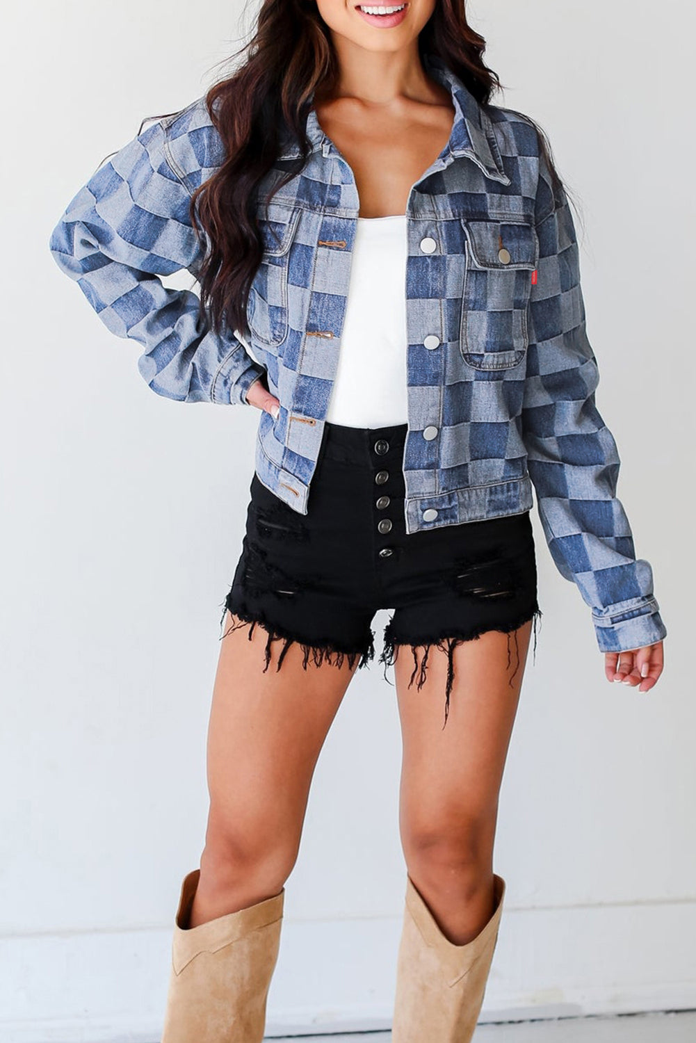 Light Blue Checkered Button up Denim Jacket. GCollection