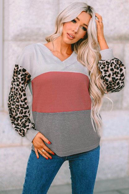 Leopard Contrast Sleeve Colorblock Waffle Knit Top. GCollection