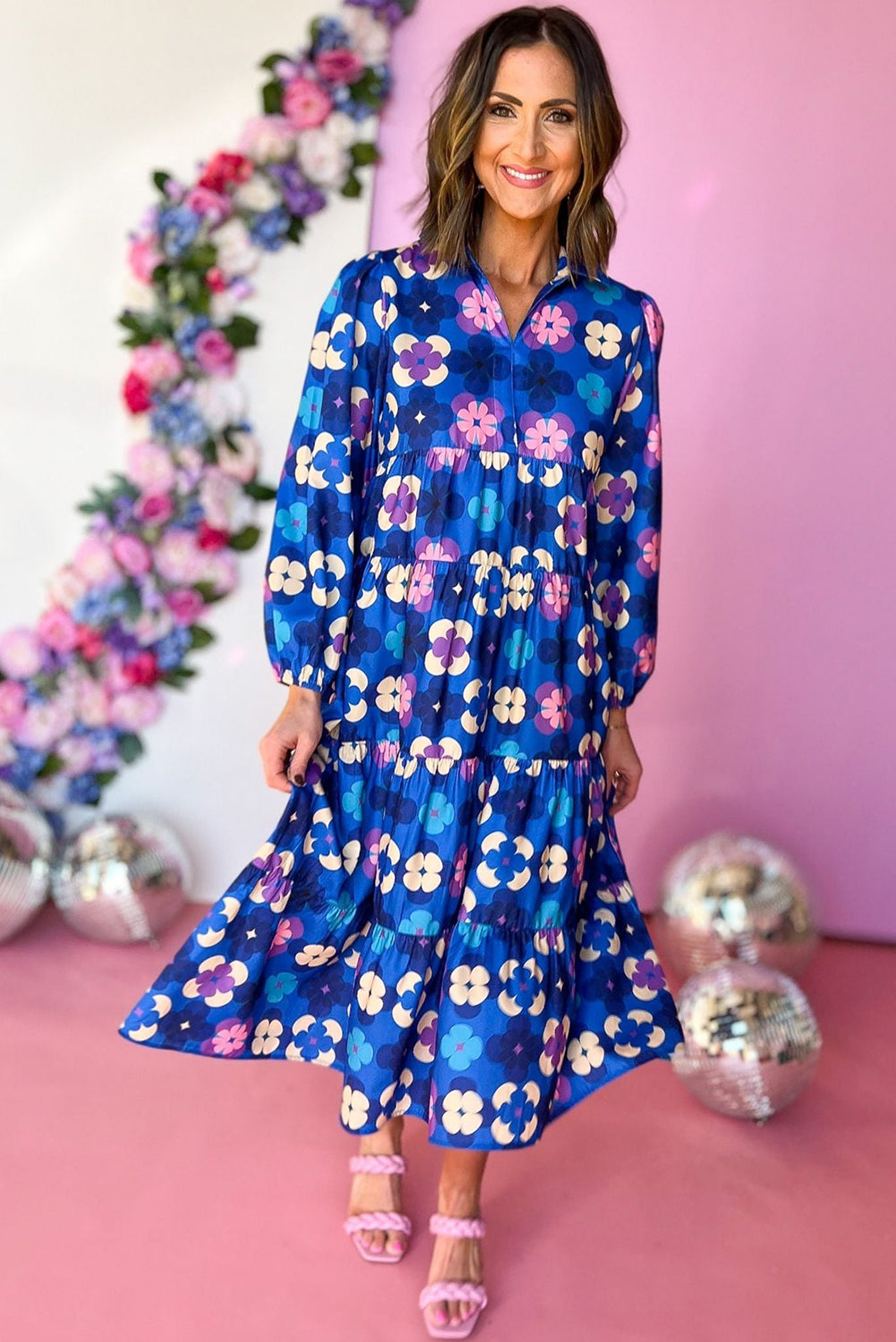 Blue Floral Tiered Ruffle Midi Dress. GCollection