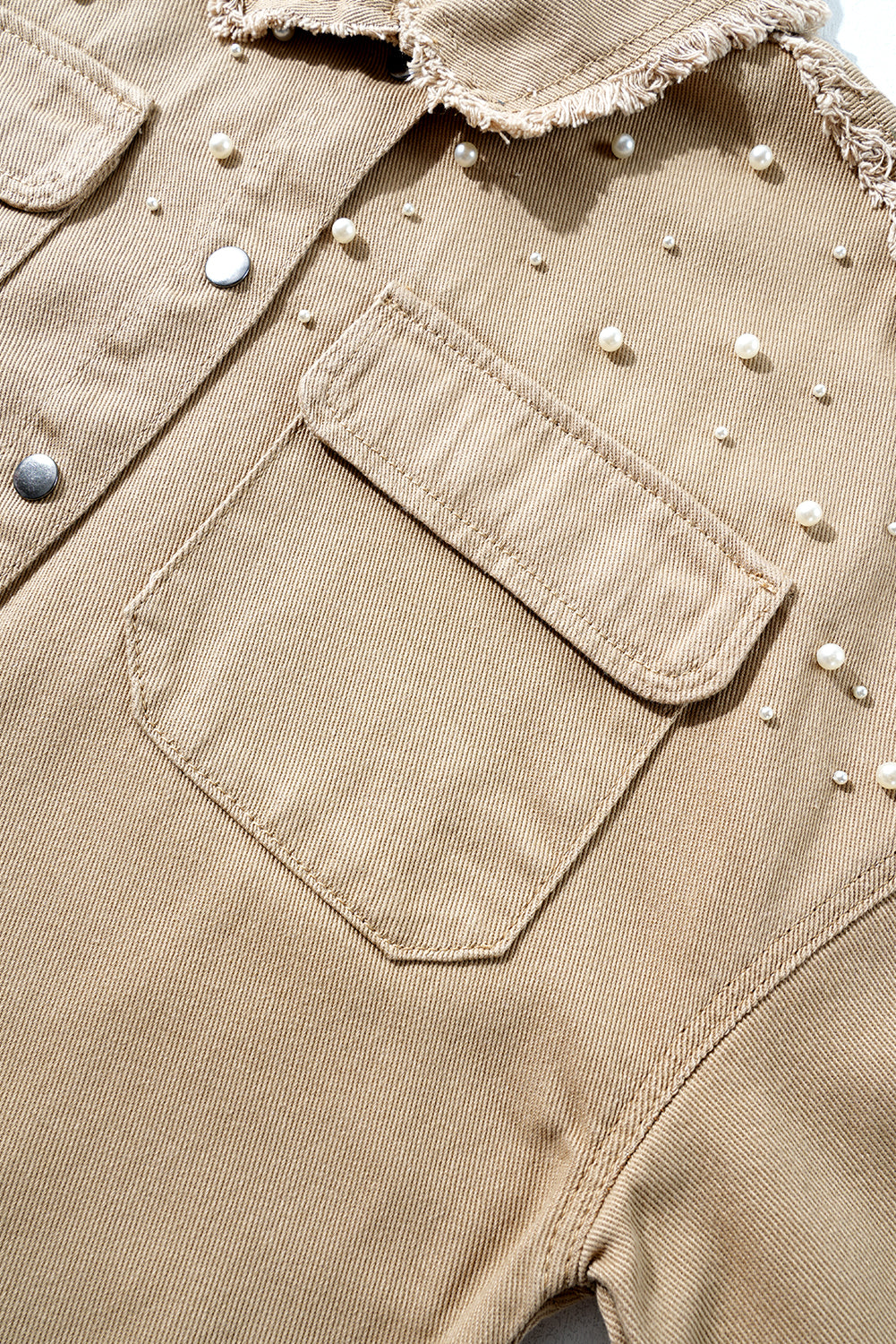 Khaki Pearl Beaded Button Up Denim Jacket. GCollection