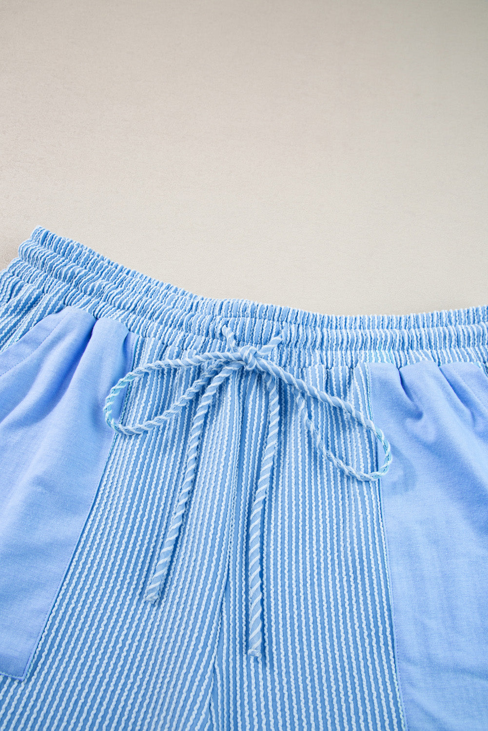 Light Blue Ribbed Long Sleeve Top and Drawstring Shorts Set. PSCollection