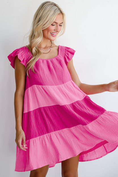 Pink Crinkled Colorblock Patchwork Flutter Tiered Dress. GCollection