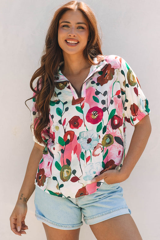 Pink Floral Print Slit V Neck Blouse. GCollection