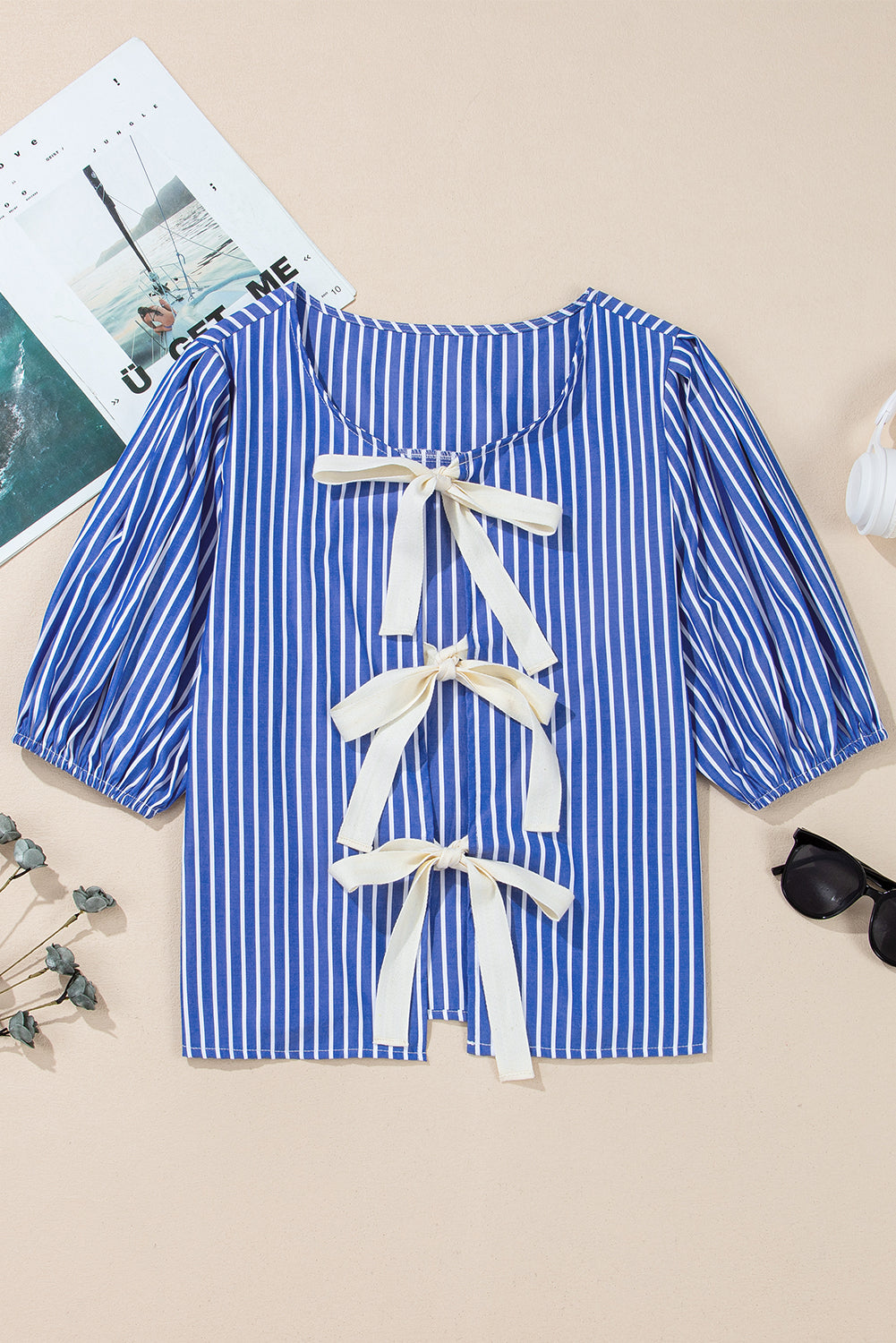 Blue Stripe Tied Front Puff Short Sleeve Blouse. GCollection