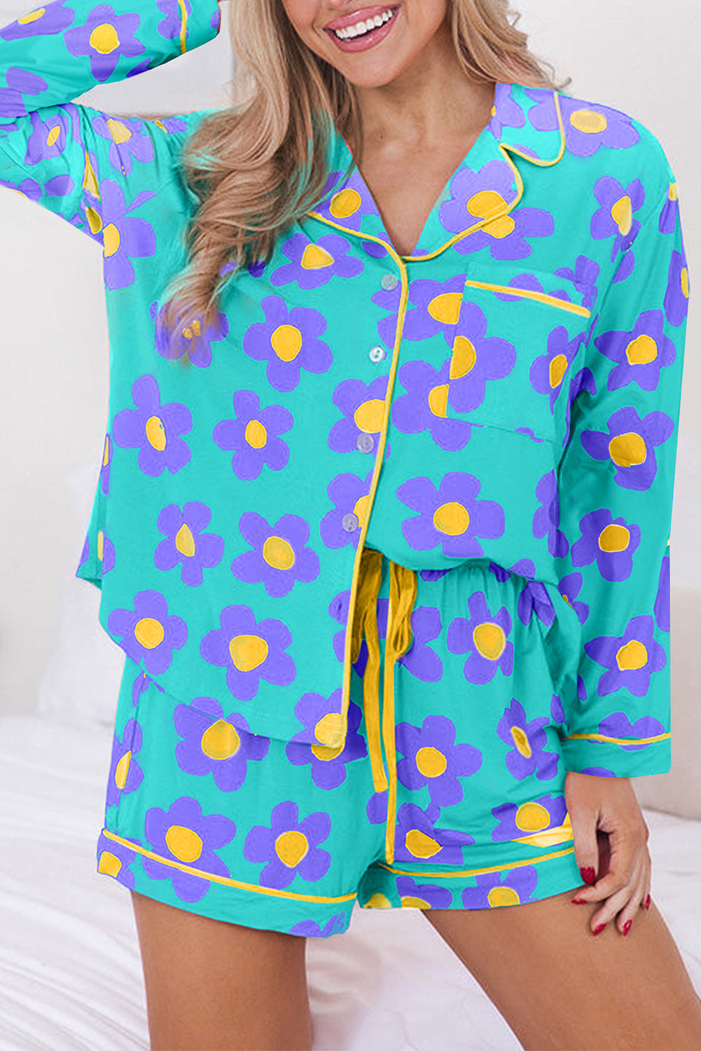 Teal Flower Print Long Sleeve Pajamas Set. GCollection