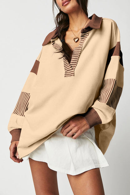 Light French Beige Striped Colorblock Patchwork Collar Sweatshirt. GCollection