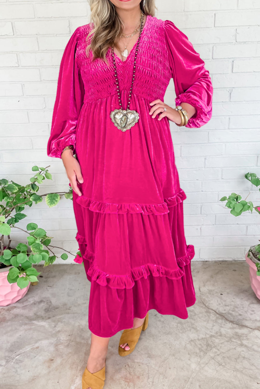 Rose Red Shirred V Neck Tiered Ruffled Velvet Plus Size Maxi Dress. PSCollection