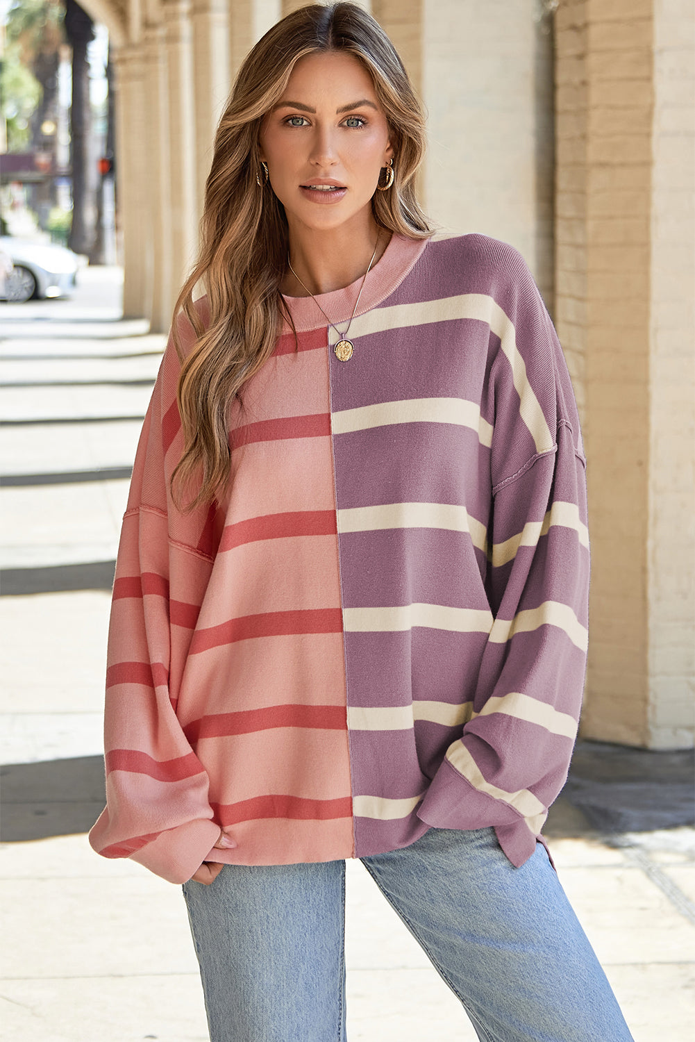 Pink Stripe Colorblock Oversized Sweater. GCollection