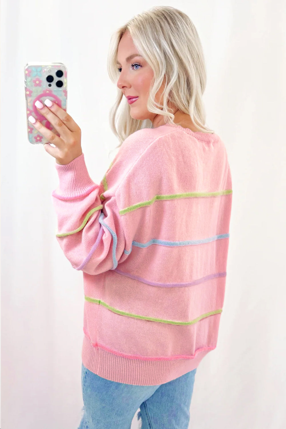 Pink Rainbow Stripes Drop Shoulder Baggy Sweater. GCollection