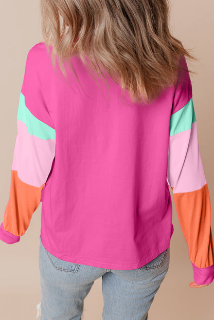 Rose Colorblock Long Sleeve Loose Top. GCollection