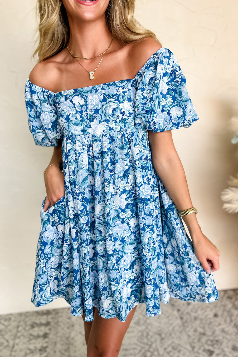 Blue Floral Puff Sleeve Babydoll Dress. GCollection