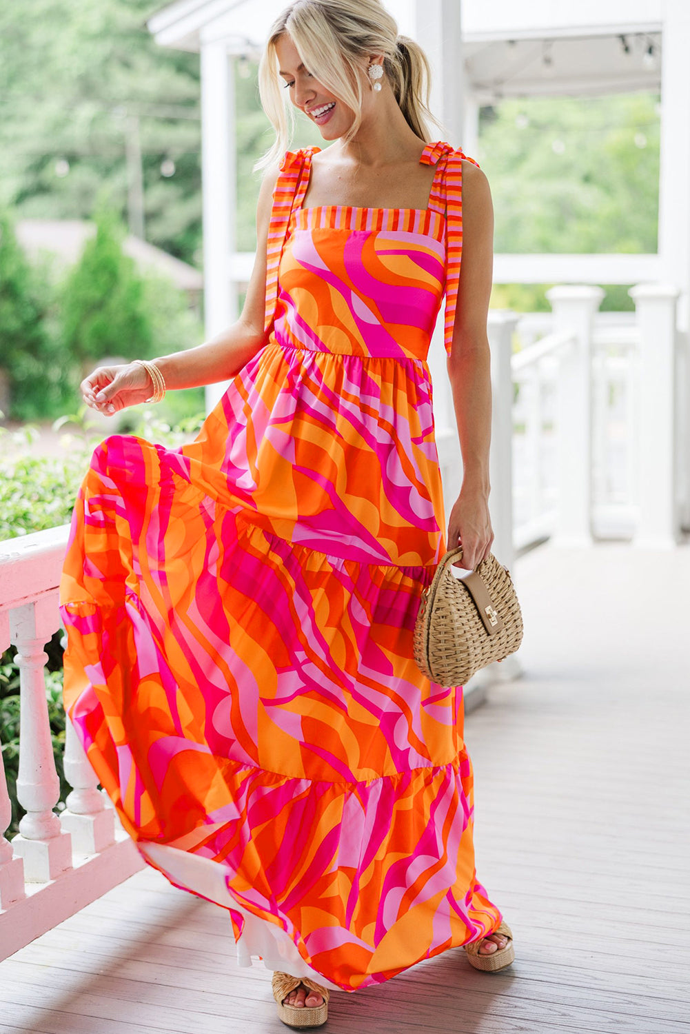 Red Abstract Print Knotted Shoulder High Waist Maxi Dress. GCollection