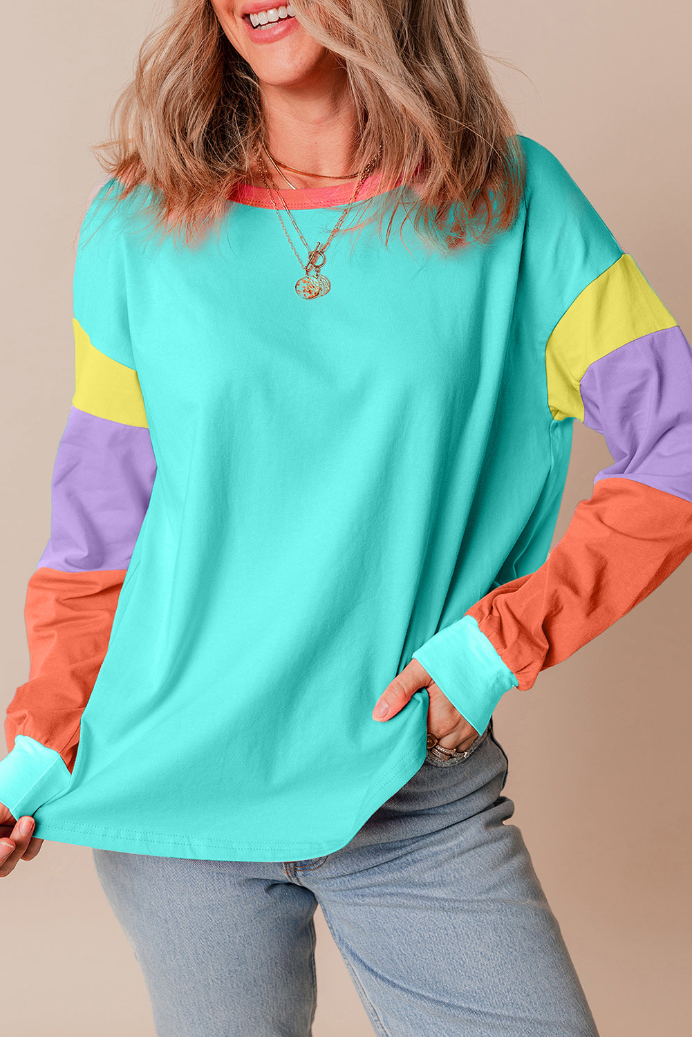 Light Blue Colorblock  Loose Top