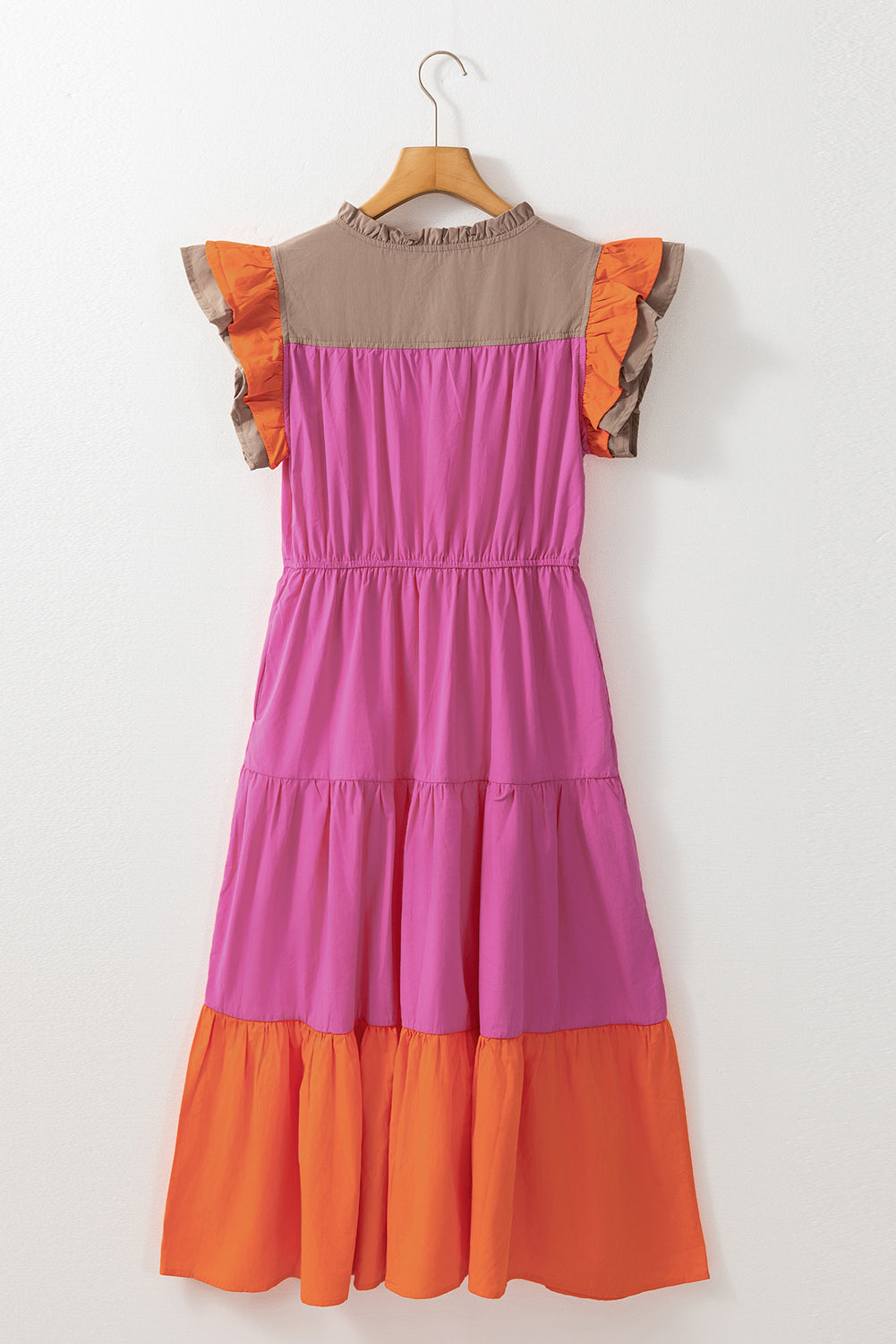 Color Block Tiered Neck Ruffle Sleeve Dress. GCollection