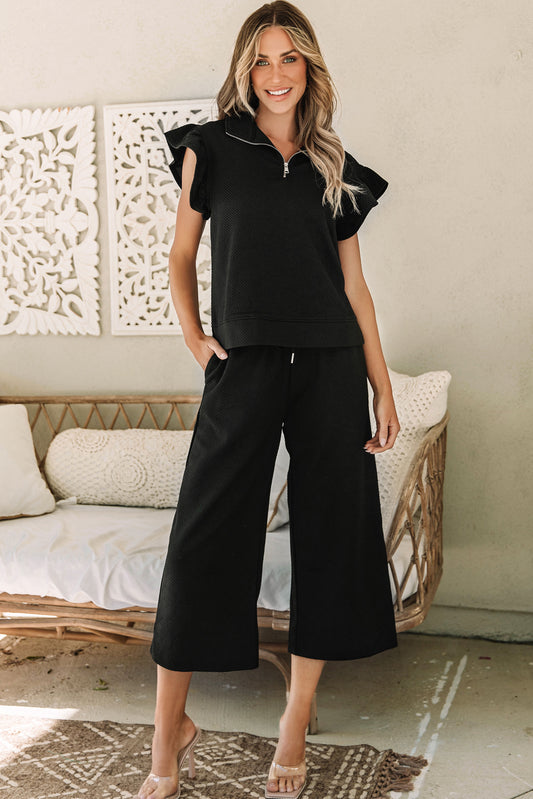 Black Textured Flutter Sleeve Top Wide Leg Pants Set. GCollection