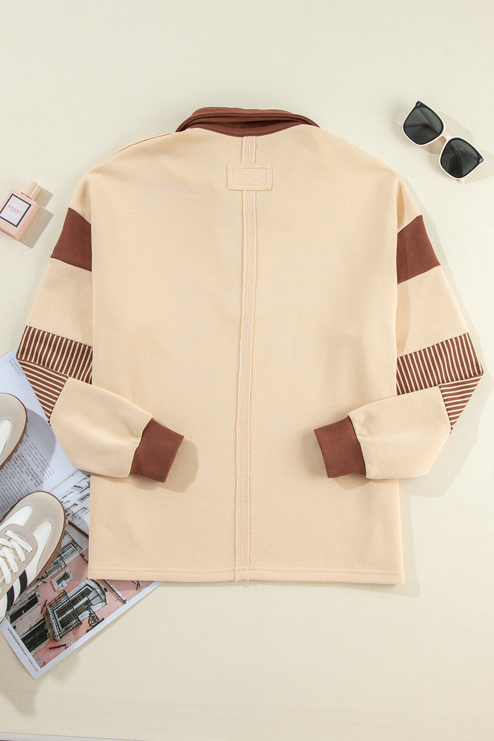 Light French Beige Striped Colorblock Patchwork Collar Sweatshirt. GCollection