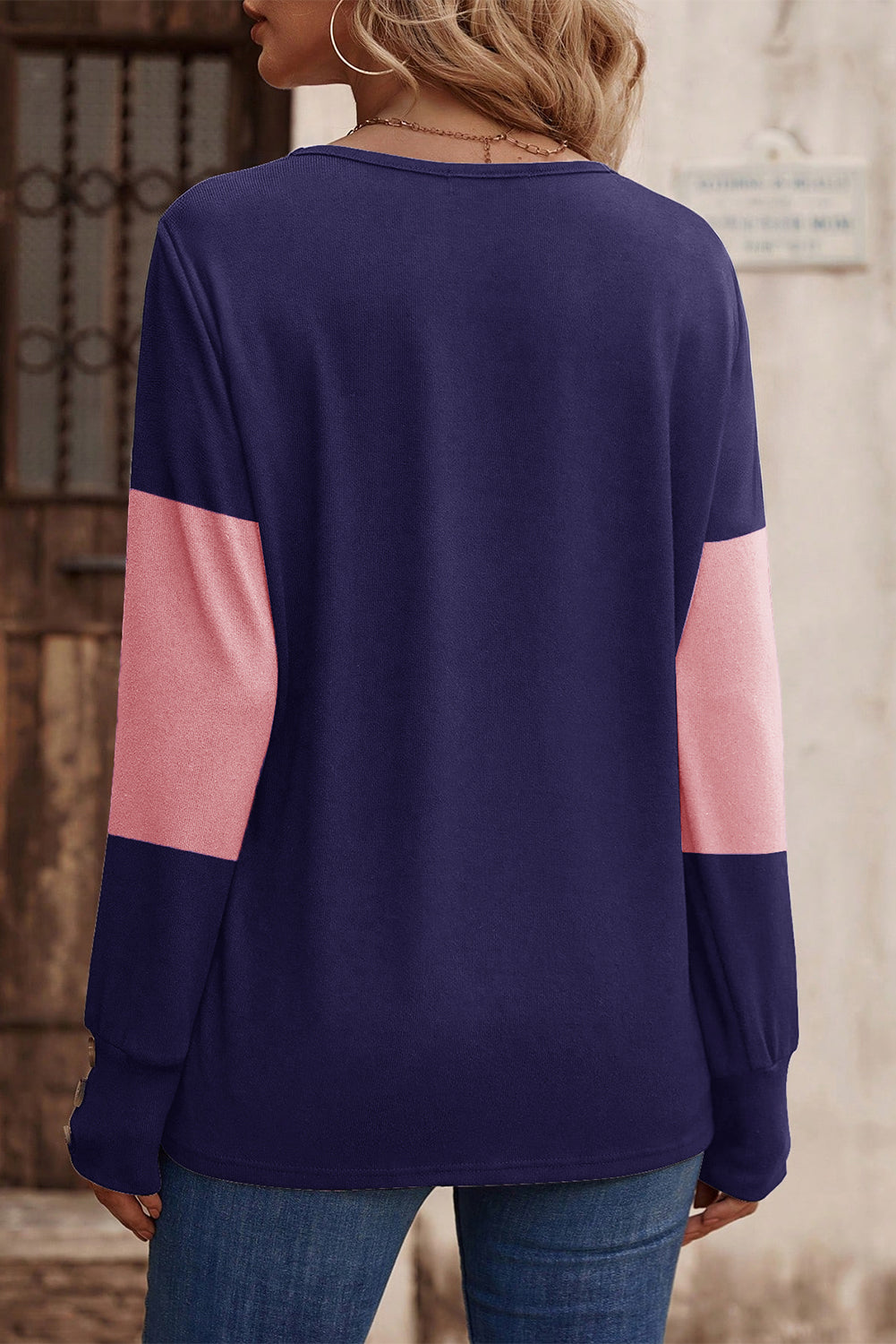 Blue Stripe Colorblock V Neck Top. GCollection