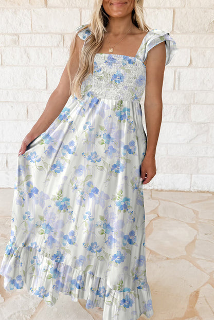 Sky Blue Floral Smocked High Waist Long Dress. GCollection