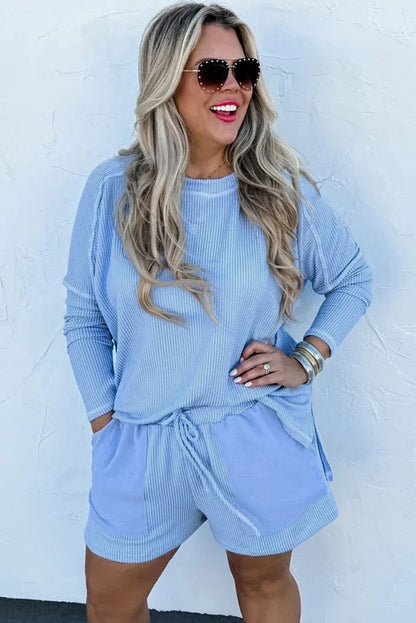 Light Blue Ribbed Long Sleeve Top and Drawstring Shorts Set. PSCollection