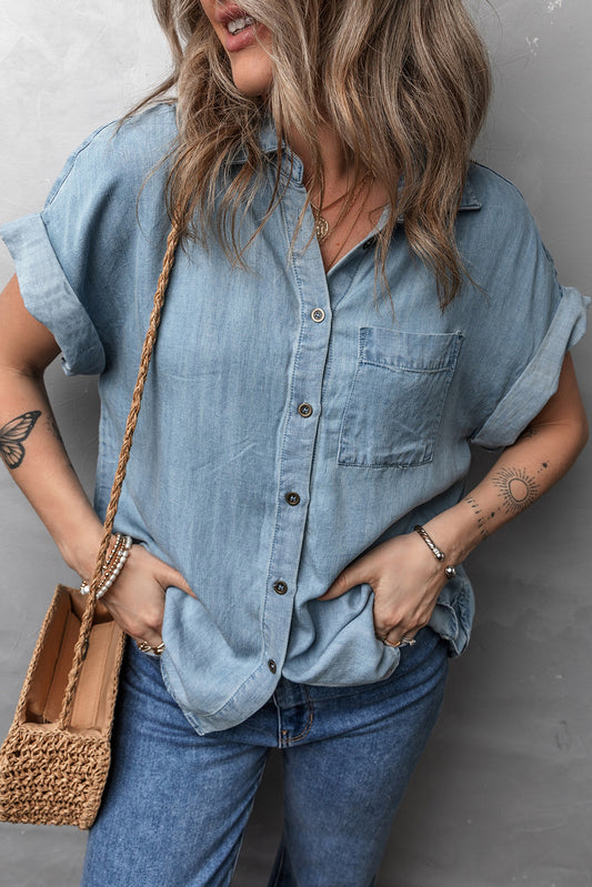 Blue Short Sleeve Patched Pocket Denim Shirt. GCollection