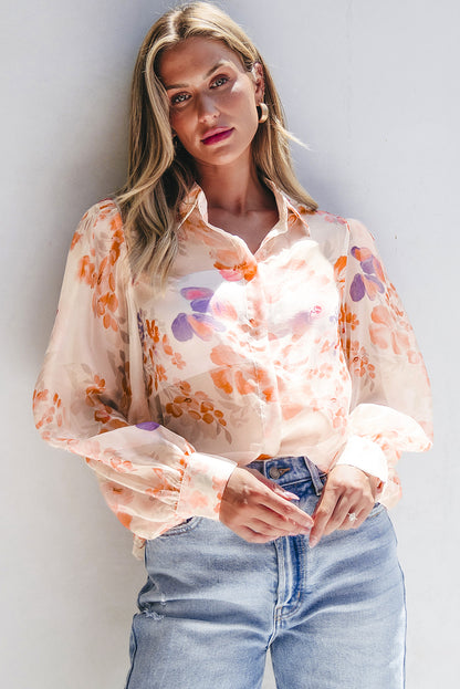 White Floral Print Balloon Sleeve Loose Shirt. GCollection