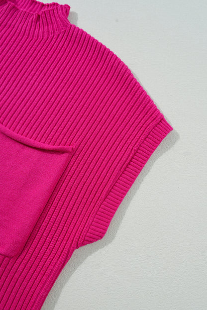 Rose Red Patch Pocket Ribbed Knit Sweater Top. GCollection