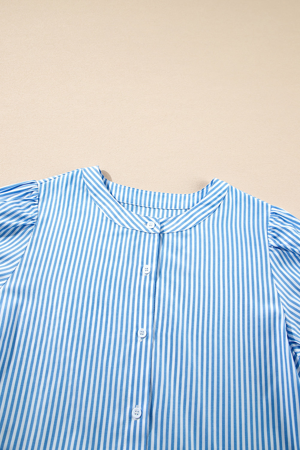 Sky Blue Stripe Bubble Short Sleeve Tiered Scallop Long Dress. GCollection