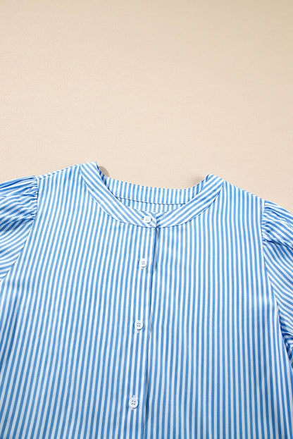 Sky Blue Stripe Bubble Short Sleeve Tiered Scallop Long Dress. GCollection