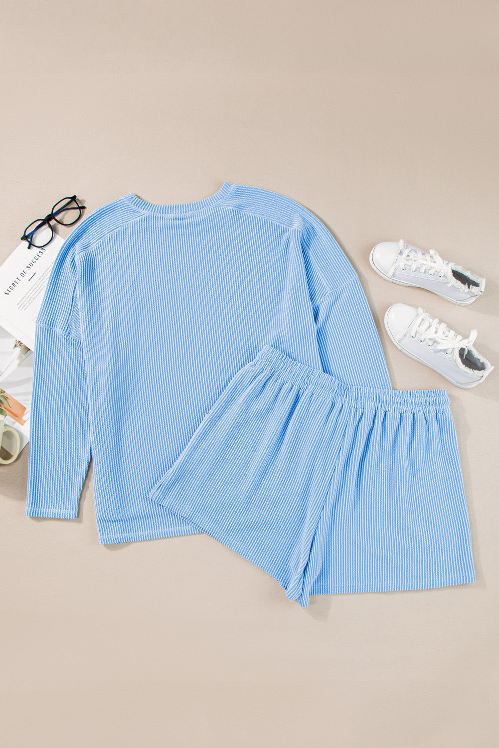 Light Blue Ribbed Long Sleeve Top and Drawstring Shorts Set. PSCollection