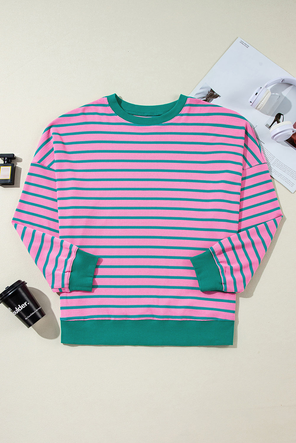 Pink Stripe Waffle Knit Crew Neck Plus Size Sweatshirt. PS Collection