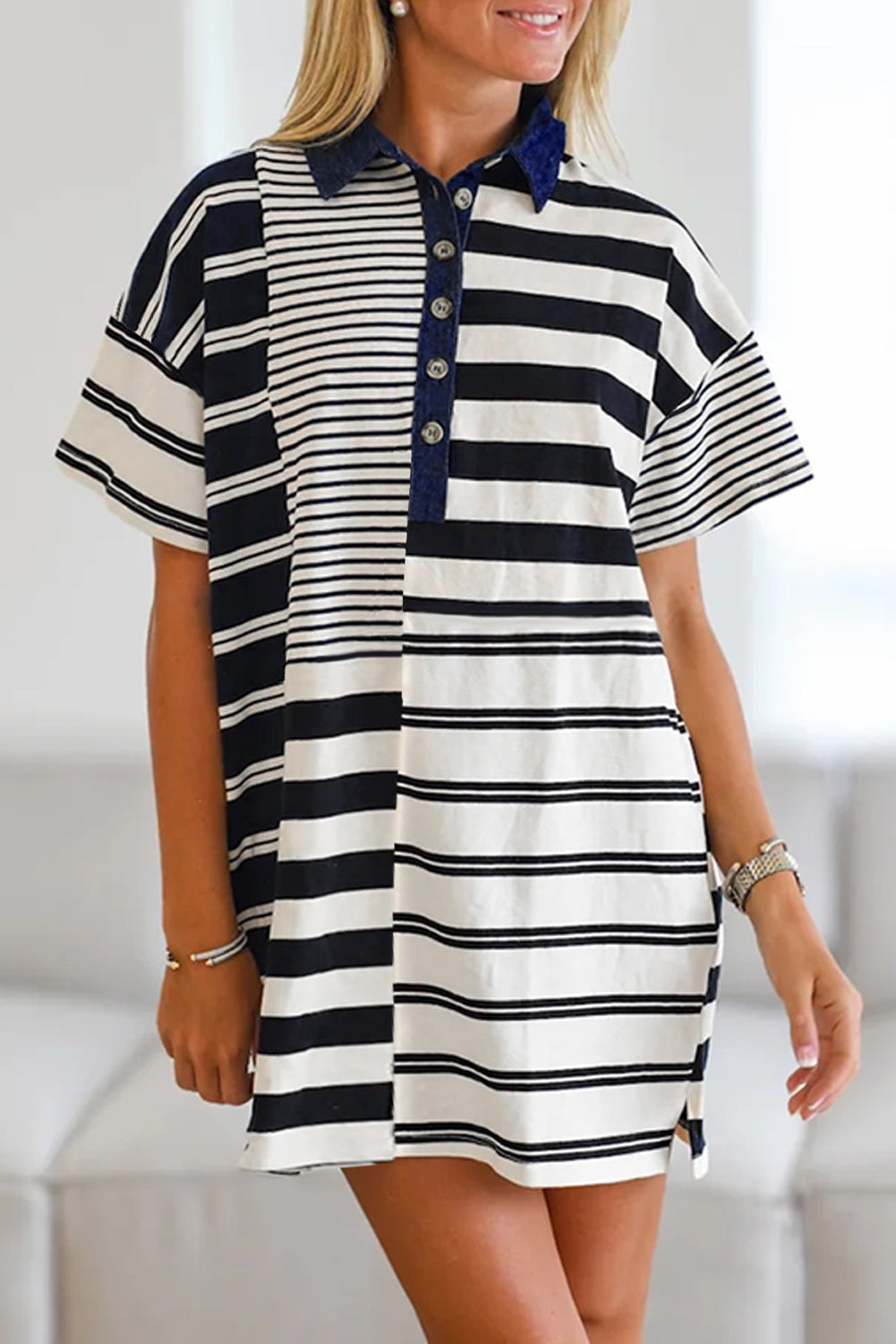 Black Stripe Half Placket Polo T Shirt Dress. GCollection