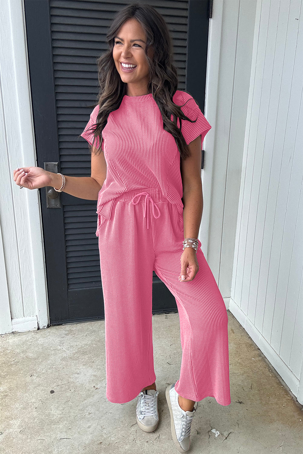 Bright Pink Solid Corded Knit Short Sleeve T Shirt and Wide Leg Pants Set. GCollection