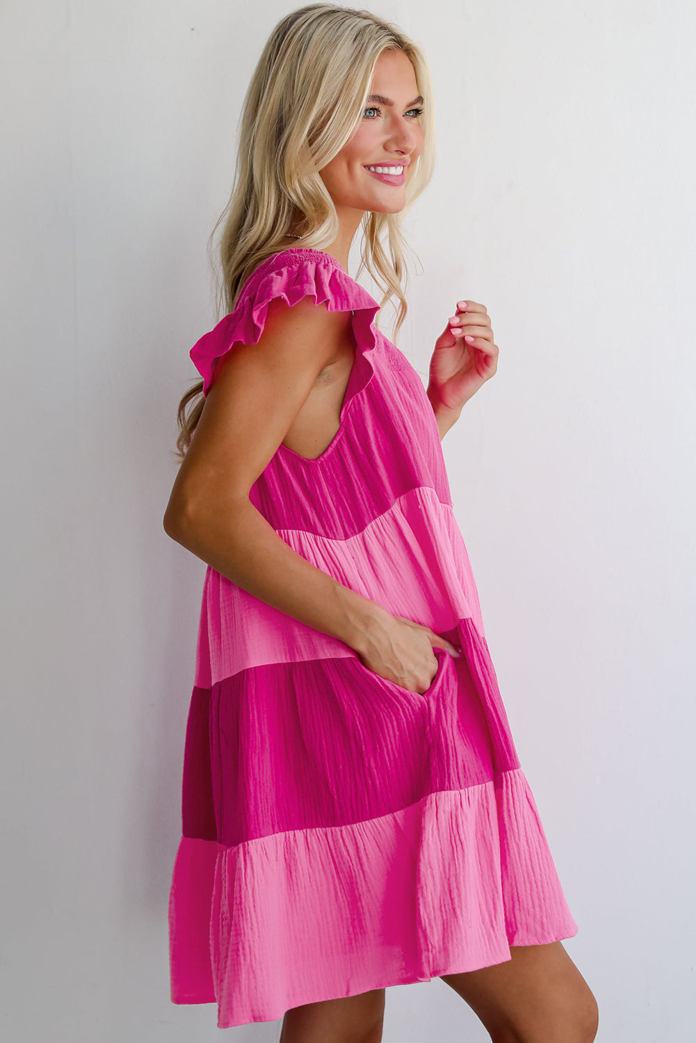 Pink Crinkled Colorblock Patchwork Flutter Tiered Dress. GCollection