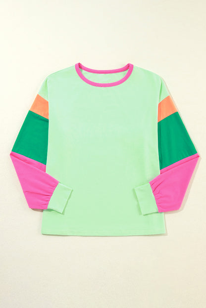 Green Colorblock Long Sleeve Loose Top. GCollection