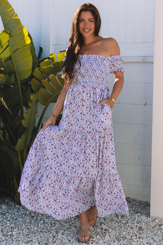 Purple Floral Short Bubble Sleeve Shirred High Waist Maxi Dress. GCollection