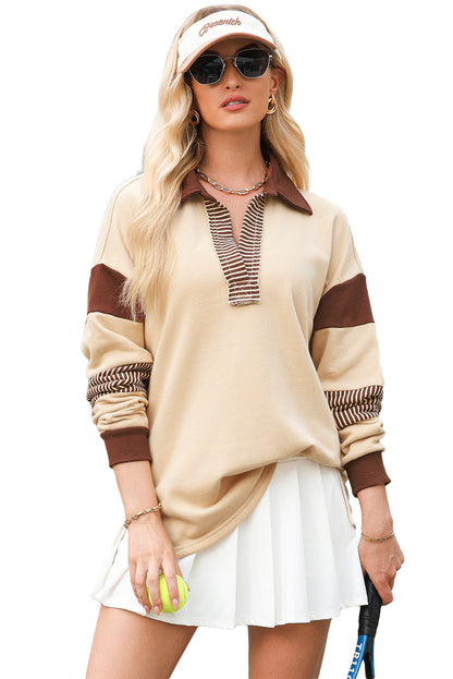 Light French Beige Striped Colorblock Patchwork Collar Sweatshirt. GCollection