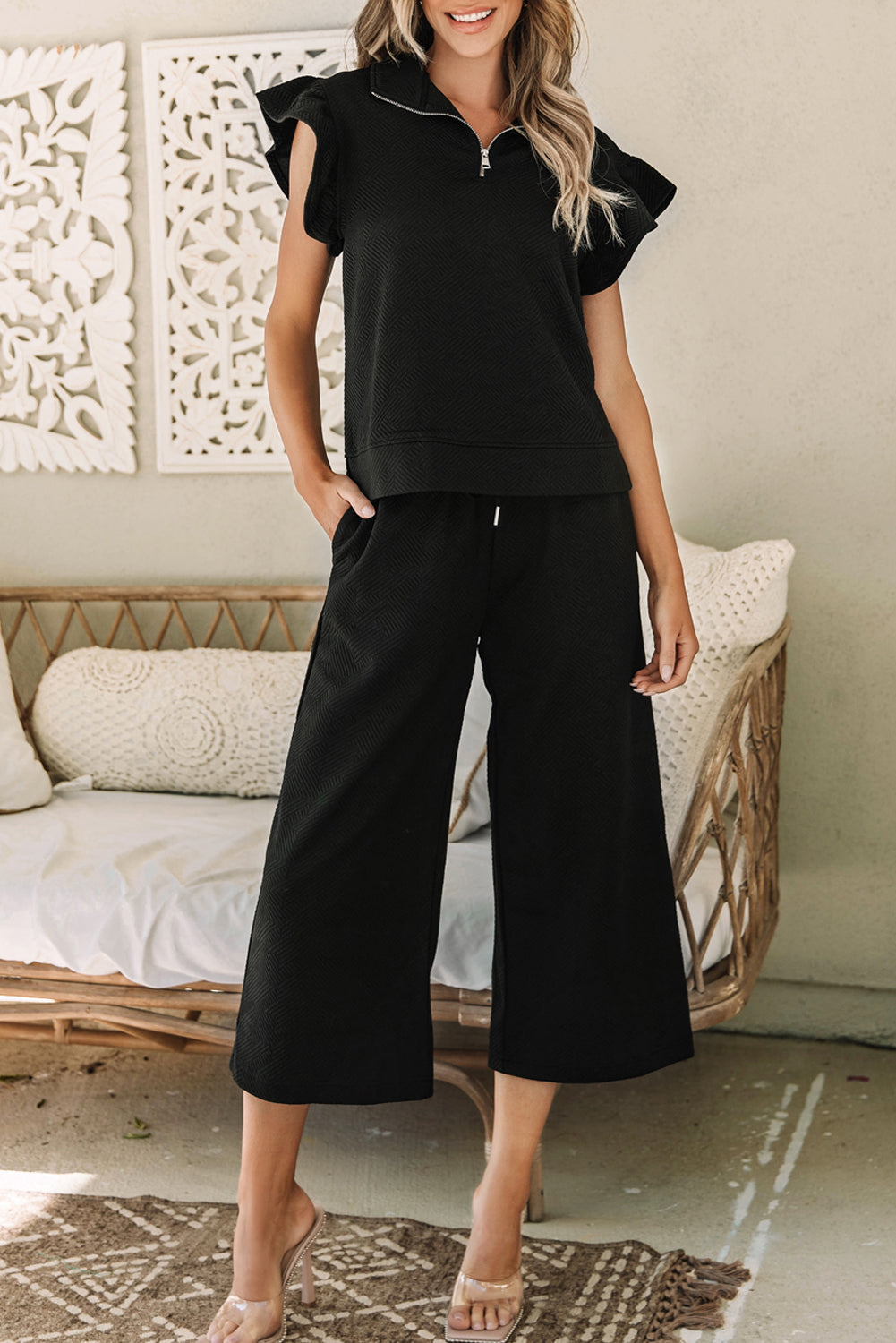 Black Textured Flutter Sleeve Top Wide Leg Pants Set. GCollection